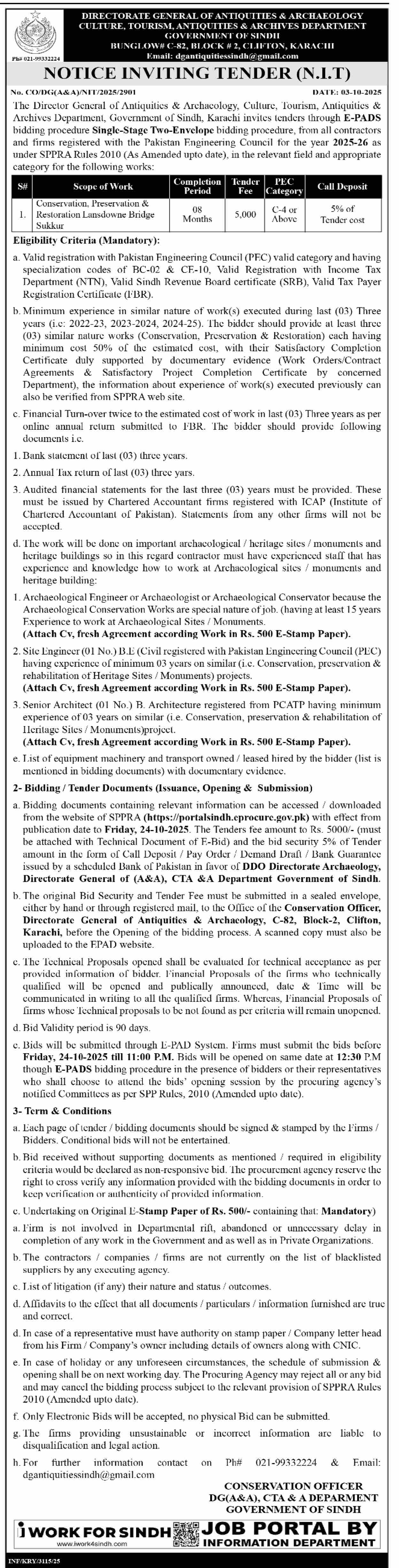 Culture Tourism Antioutities & Archives Department Karachi Tender Notice